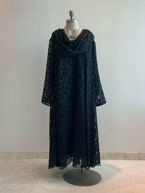 Elegant Black Lace Maxi Swing Dress w/Draped Neckline Sz 28